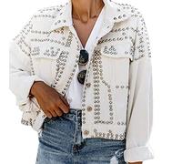 APAFES Women's Fashion Crop White Denim Jacket Distressed Western Studded Black Trucker Jacket(0270-White-XXL-NG)