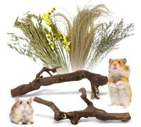 Apatal 2Pcs Hamster Climbing Branches Decor 11.8in Rat Tree Logs Toy Wooden Gerbil Habitat Ornament Small Animal Cage Accessories with 31Pcs Natural Flower Hamster Mate Herbs