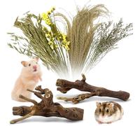 Apatal 2Pcs Hamster Climbing Branches Decor 7.8in Rat Tree Logs Toy Wooden Gerbil Habitat Ornament Small Animal Cage Accessories with 31Pcs Natural Flower Hamster Mate Herbs