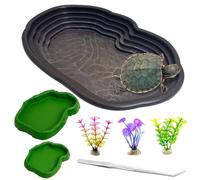 Apatal Reptile Bathing Pool 2-in-1 Tortoise Water Dish with Ramp Extra Large Turtle Feeding Bowl with Steps Leaf Reptile Food & Water Dishes 7 Pcs Gecko Habitat Decoration Accessories Lizard Bath Tub