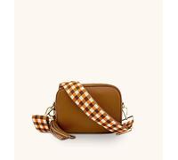 Apatchy London Tan Leather Crossbody Bag With Orange & Tan Check Strap Tan