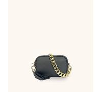 Apatchy London Women's The Mini Tassel Leather Phone Bag With Gold Chain Shoulder Strap in Dark Grey