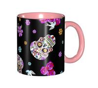 Apbdffjnf Mexican Sugar Horror Skull Print Ceramic Coffee Mugs, 11 Oz Ceramic Mugs Tea Cups with Handle for Office and Home Pink