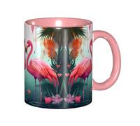Apbdffjnf Palm Leaf and Flamingos Couple Print Ceramic Coffee Mugs, 11 Oz Ceramic Mugs Tea Cups with Handle for Office and Home Pink