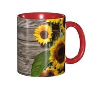 Apbdffjnf Sunflowers Wooden Board Print Ceramic Coffee Mugs, 11 Oz Ceramic Mugs Tea Cups with Handle for Office and Home Red