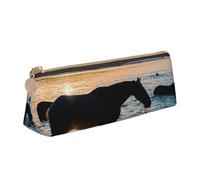 Apbdffjnf Sunsets Lake Horses Print Triangle Pencil Case Leather Pencil Bag Pen Pouch Makeup Bag for Women Men School Office and Travel
