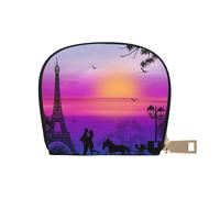 Apbdffjnf Valentine Paris Eiffel Tower Romantic Couple Carriage Sunset Printed Leather Credit Card Holder ID Business Card Case Purse Small Wallet with Zipper for Men & Women