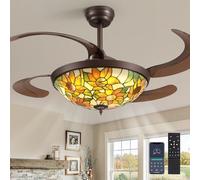 APBEAMLighting 48inch Flower Tiffany Style Ceiling Fan with Light APP/Remote Control Stained Glass Dimmable Retractable Reversible DC Quiet Motor Vintage Chandeliers Fan for Dining Living Room Bedroom