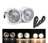 APEBAZY Motorcycle Twin Headlight with Grill Cover and Mounting Bracket Assembly, Retro Double Dual Lamp Halogen Front Headlamp for Bobber Street Fighter Naked Cafe Racer Dominator (Chrome)