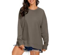 APEIYU Women Crew Neck High Low Long Sleeve Sweatshirts Loose Fit Solid Color Side Split Knit Pullovers Tops for Ladies Espresso S