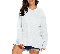APEIYU Women Long Sleeve Sweatshirts Crew Neck Loose Fit Solid Color Side Split Knit Pullovers Sweatshirts White Flower Ash L