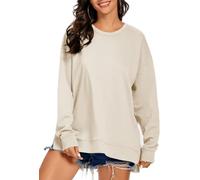 APEIYU Women's Long Sleeve Tops Crew Neck Side Split Knit Sweatshirt Loose Casual Tunic Oversized Blouse Shirts Apricot M