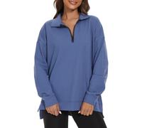 APEIYU Women's Long Sleeve Tops Half Zip Side Split Loose Sweatshirts Casual Batwing Pullover Stand Up Collar Tops for Ladies Grayish Blue XXL