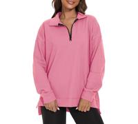 APEIYU Womens Oversized Sweatshirts Side Slit Pullover Long Sleeve Tops Casual Lapel Zipper Sweatshirts Light Pink XXL