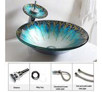 APENCHREN Countertop Basin Sink,Blue And Gold Pattern Glass Vessel Sink,Bathroom Countertop Tempered Glass Basin Sink,Tempered Glass Bowl Mounted,B