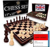 APEQi® PREMIUM Chess Set - Wooden Chess Board Luxury - 15" (38cm), 2 Extra Queens, Solid Wood, Gift Idea - Wooden Chess Set for Adults and Kids - Folding Travel Chess Game, 34 Staunton Chess Pieces