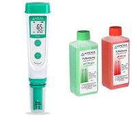 Apera Instruments PH20 Value pH Meter, Pocket Tester, Waterproof, ±0.1 pH Accuracy, 0-14 pH Range, ±0.5°C Temperature Sensor, Complete kit & pH Calibration Solution 4.01/7.00 each 250 ml, AI1113