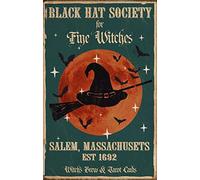 Aperiy Black Hat Society For Fine Witches Salem Massachusets Poster Witchcraft Halloween Cave Decor Metal Sign Alcohol Home Bar Retro Vintage Signs 12x8 Inch
