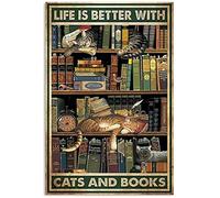 Aperiy Metal Sign The Life of A Book Lover is Due to Books and Cat Wall Decoration Posters 8X12inch Decorative Signs and Plaques