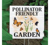 Aperiy Retro Metal Sign - Pollinator Friendly Garden, 8x8 Inch, Butterfly Theme, Free-Standing Yard Sign