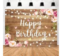 Aperturee 7x5ft Pink Floral Happy Birthday Backdrop Butterfly Wooden Floor Watercolor Flowers Girls Women Photography Background Banner Cake Table Supplies Party Decoration Photo Booth Props Banner