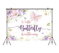 Aperturee 9x6ft Butterfly Baby Shower Backdrop A Little Butterfly is on The Way Photo Purple and Pink Floral Gold Spots Flowers Photography Background Princess Girl Party Decoration Banner Photo Booth