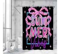 Aperturee Ticuenicoa Summer Vibes Shower Curtain 72x72in, Retro Pink & Gold Design with Checkered Bow, Tropical Bathroom Decor for Girls
