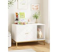 Apetaccat Cat Litter Tray Cabinet, Cat Litter Box with Double Doors, Cat House with Scratching Mat, High Legs, for Cat Litter Tray, Side Table, 80 x 50 x 55 cm, White, Cross Pattern