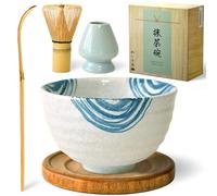 APEX S.K. Matcha Whisk Set - Blue Rings White and Blue Brush Stroke Chawan Bowl with Bamboo Whisk, Holder, Scoop, and Wooden Coaster - Japanese Ceremonial Matcha Tea Kit for Green Tea