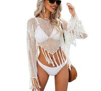 APGLSXY Stylish Meshed Crochet Swimwears Cover Up Long Sleeve Sun Protections Top Smock for Beach Parties Foldable Pullover Top