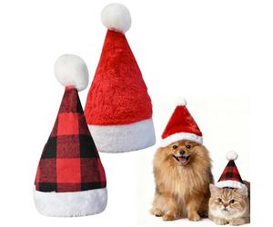 Aphohome 2 Pcs Pet Santa Hats, Small Santa Hats for Dogs Cats with Red & Buffalo Plaid Design, Soft Festive Dog Christmas Outfit for Christmas Party Holiday Decoration, 7.87"×5.12"