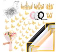 Aphumedc 195Pcs Flower Bouquet Wrapping Paper Kits, 40 Floral Wrapping Paper, 4 Gold Crowns, 48 Butterfly Decorations, 100 Flower Pins and 3 Ribbons for Mother's Day Graduation Wedding Party Birthday