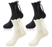 Aphumedc 2 Pairs Ruffle Socks Women Breathable Cotton Frilly Ankle Princess Socks with Bow for Girls Date, Spring Lace Lettuce Edge Crew Sock - Black & White
