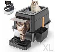 Aphyxen Stainless Steel Litter Box with Lid, XL Extra Large Enclosed Cat Litter Box for Big Cats 110° Flip Cover, Top Entry Metal High Sided Cat Box & Pedal & Scoop, Anti-Leakage (Black)