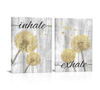 Apicoture Yellow And Gray Bathroom Wall Decor Inhale And Exhale Dandelion Flowers Paintings Prints Canvas Wall Art Floral Picture For Walls Framed 12"X 16"X 2 Panels (001)