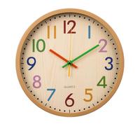 APIELE 12 Inch Silent Colourful Letters Children's Wall Clock Modern Wood Grain Quartz Not Time Travel No Ticking Wall Clock Children Bedroom Kitchen Living Room School