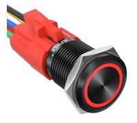 APIELE 16 mm Locking Pressure Switch 12 VDC 5 A, Black Aluminium Alloy with LED Ring Lighting, Waterproof Latch Push Button Switch, Car RV Truck Boat On/Off Button Switch (Red)