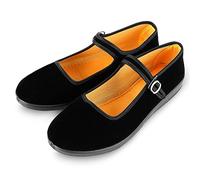 APIKA Women's Velvet Mary Jane Shoes Black Cottton Old Beijing Cloth Flats Yoga Exercise Dance Shoes (US 6), Black, 3 UK