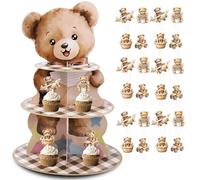 Apinwin We Can Bearly Wait 3-Tier Cupcake Stand Holder with 24pcs Brown Bear Cupcake Toppers Table Centerpiece Dessert Tower for Baby Shower Birthday Gender Reveal Party Decoration Supplies