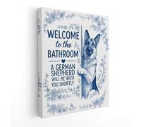 APJYM Chinoiserie Floral German Shepherd Bathroom Wall Art Decor, Blue and White Grandmillennial German Shepherd Dog Canvas Wall Art for Bath Room Washroom Toilet Restroom, 11x14 Inches Framed