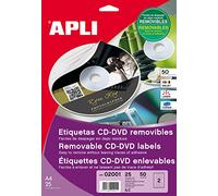 APLI CD/DVD Labels, White, for Laser and Copier, Inket Label CD/DVD Diameter 114 mm, Pack of 50, Removable