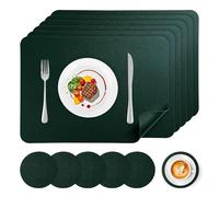 APLKER Faux Leather Placemats and Coasters Set of 6, Wipeable Waterproof Oil-Proof Heat Resistant Table Mats for Dining, Kitchen, Hotel, 16.9 x11.8 inches（Large Place Mats）- Dark Green