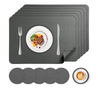 APLKER Faux Leather Placemats and Coasters Set of 6, Wipeable Waterproof Oil-Proof Heat Resistant Table Mats for Dining, Kitchen, Hotel, 16.9 x11.8 inches（Large Place Mats) - Grey
