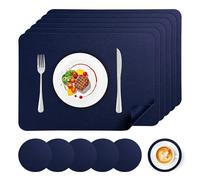 APLKER Faux Leather Placemats and Coasters Set of 6, Wipeable Waterproof Oil-Proof Heat Resistant Table Mats for Dining, Kitchen, Hotel, 16.9 x11.8 inches（Large Place Mats) - Navy Blue