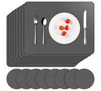 APLKER Placemats and Coaster Sets 8, Faux Leather Waterproof Dual-Sided Table Mats Non-Slip Washable Place Mats for Home Kitchen Restaurant, 16 x 12 inch (Grey)