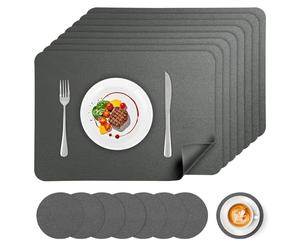 APLKER Placemats and Coaster Sets 8, Faux Leather Waterproof Dual-Sided Table Mats Non-Slip Washable Place Mats for Home Kitchen Restaurant, 16.9 x 11.8 inch (Grey)