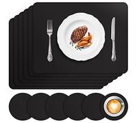 APLKER Placemats and Coasters Set of 6, Heat Insulation PU Leather Table Mats Waterproof Washable Dining Place Mats for Kitchen Indoor Outdoor Party,16 x12 inch - Black