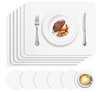 APLKER Placemats and Coasters Set of 6, Heat Insulation PU Leather Table Mats Waterproof Washable Dining Place Mats for Kitchen Indoor Outdoor Party, 16 x12 inch - White