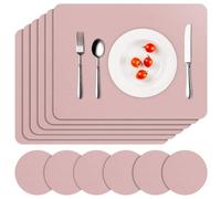 APLKER Placemats and Coasters Set of 6, Heat Insulation PU Leather Table Mats Waterproof Washable Dining Place Mats for Kitchen Indoor Outdoor Party, 16 x12 inch - Pink