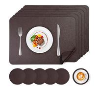 APLKER Placemats and Coasters Set of 6, Heat Insulation PU Leather Table Mats Waterproof Washable Dining Place Mats for Kitchen Indoor Outdoor Party, 16 x12 inch - Coffee